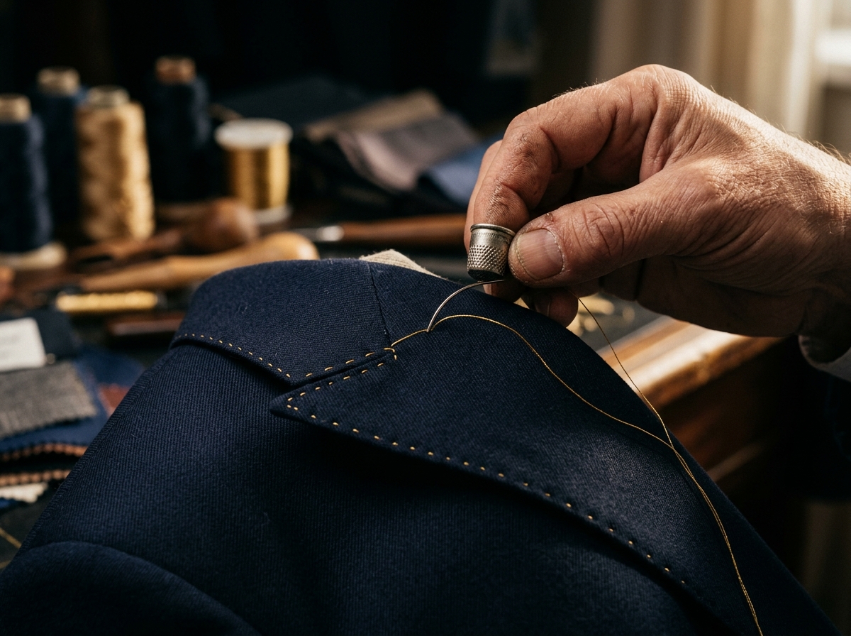 Artisan master tailor hand-stitching bespoke suit jacket with golden thread